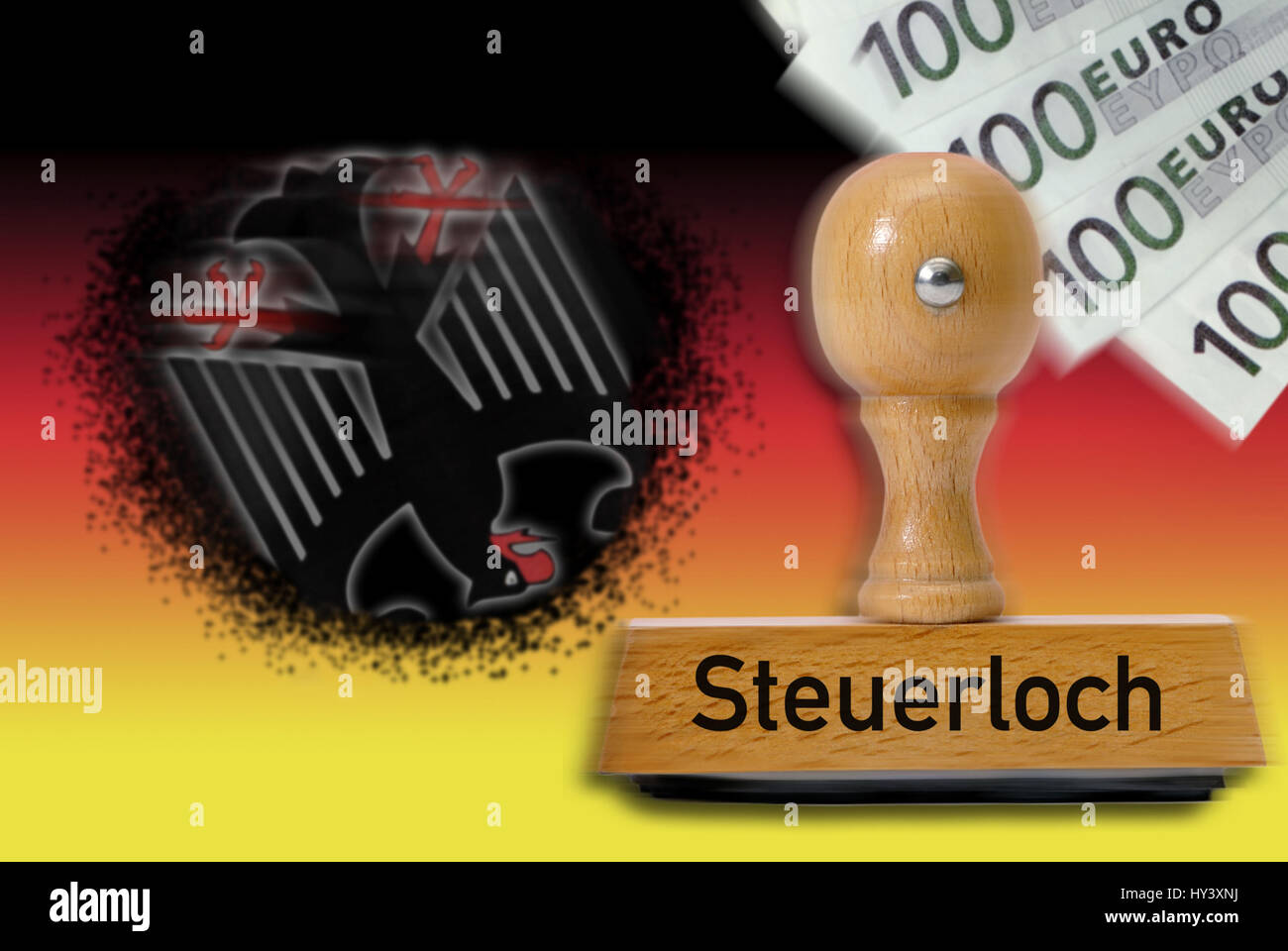 Stamp with the label Tax hole, German Federal eagle and National colours, Stempel mit der Aufschrift Steuerloch, deutscher Bundesadler und Nationalfar Stock Photo