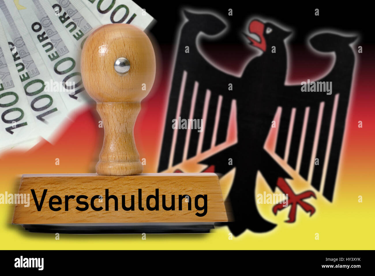 Stamp with the label Indebtedness, German Federal eagle and National colours, Stempel mit der Aufschrift Verschuldung, deutscher Bundesadler und Natio Stock Photo