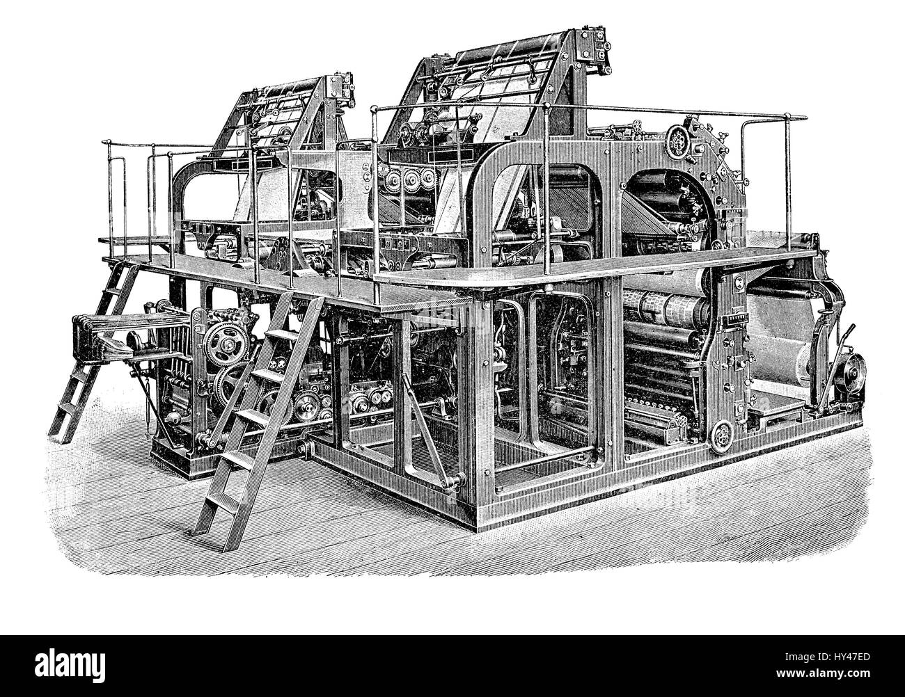 Double high speed rotary printing press for mass production of newspapers and magazines, XIX century engraving Stock Photo