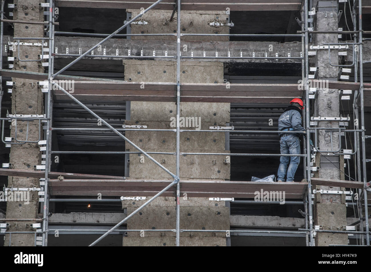 Scaffolding Rectangle Low angle view of rows and columns of metal scaffolding over ...