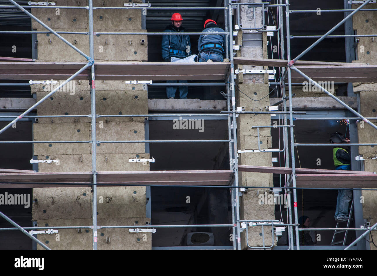 Scaffolding Rectangle Low angle view of rows and columns of metal scaffolding over ...