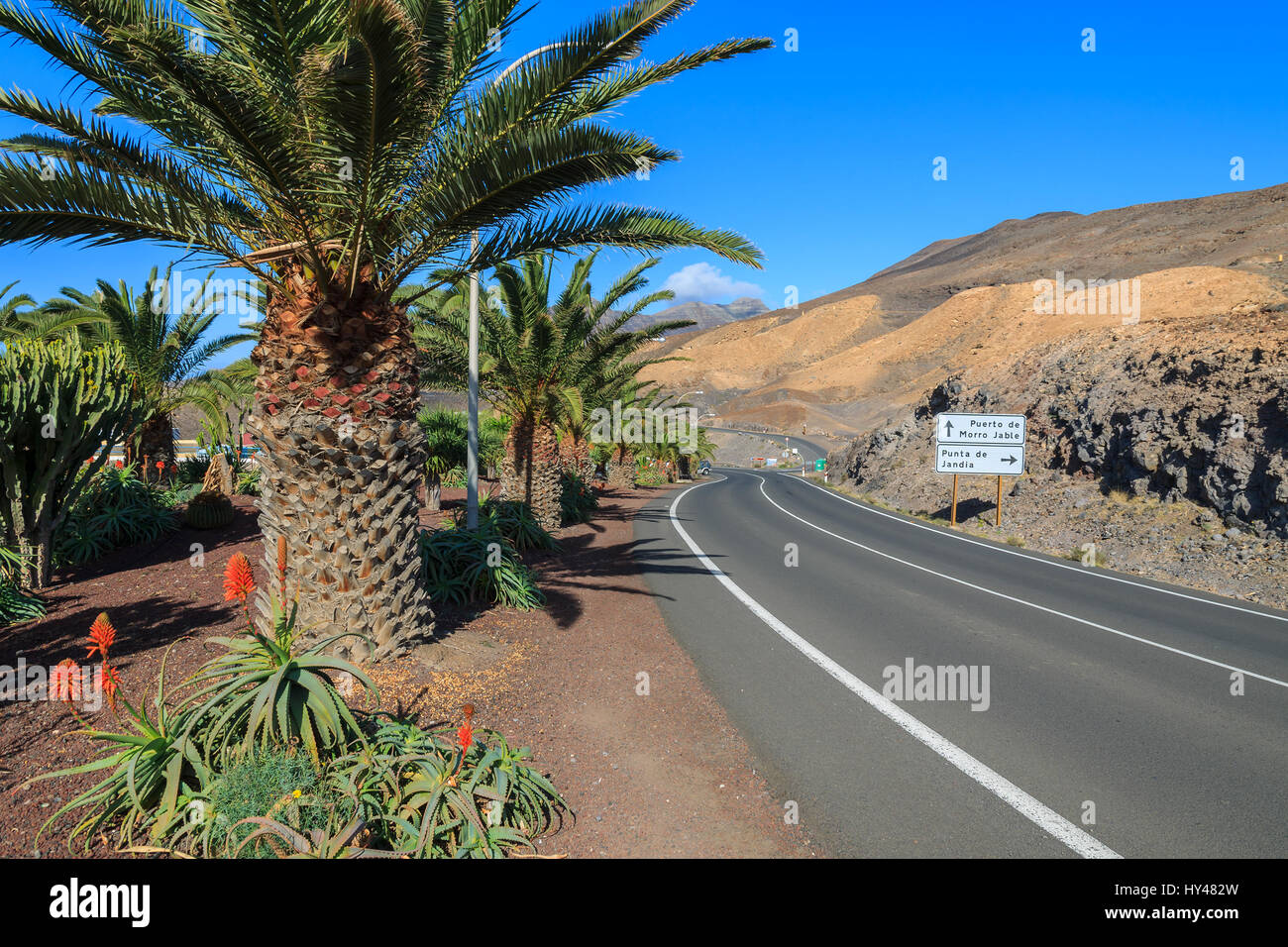 Scenic mountain road from Morro Jable town to Cofete beach, Fuerteventura, Canary Islands, Spain Stock Photo