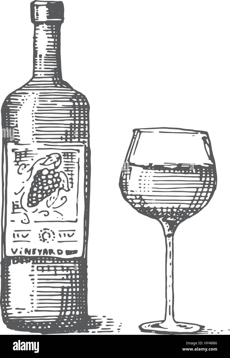 Bottles and glass of wine engraved illustration hand drawn Stock Vector