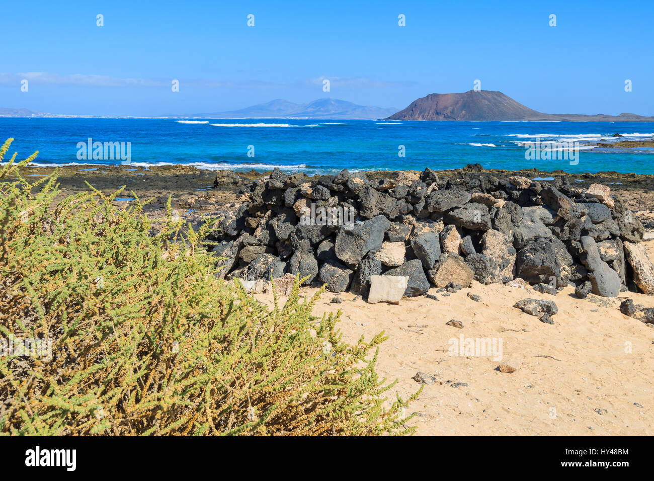 View of Lobos island from Beach in Corralejo, Fuerteventura, Canary Islands, Spain Stock Photo