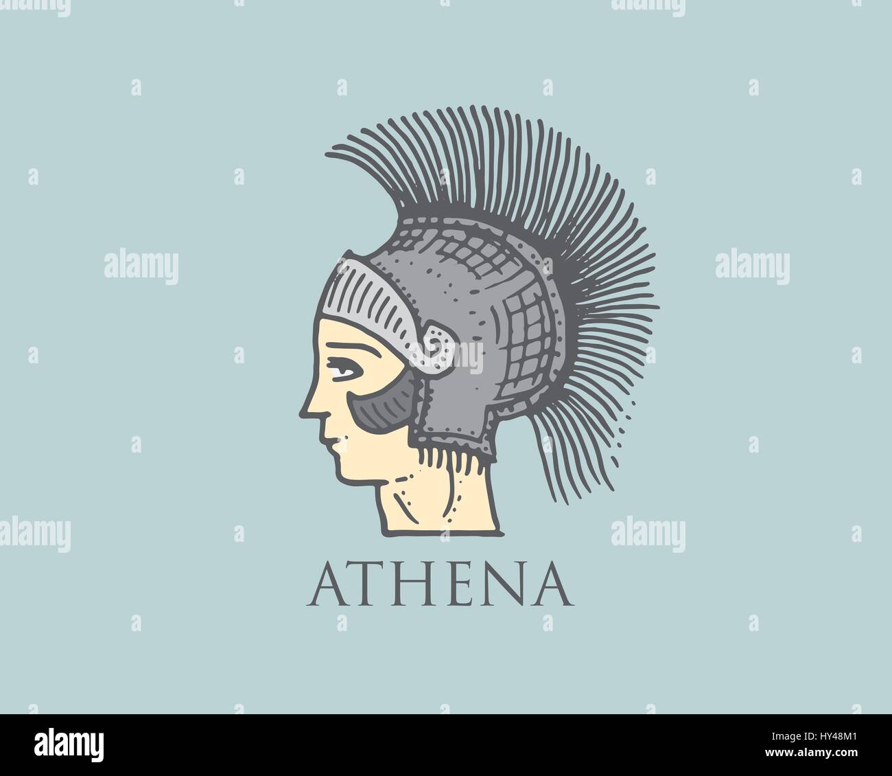 Godness Athena logo ancient Greece, antique symbol vintage, engraved hand drawn in sketch or wood cut style, old looking retro. Stock Vector