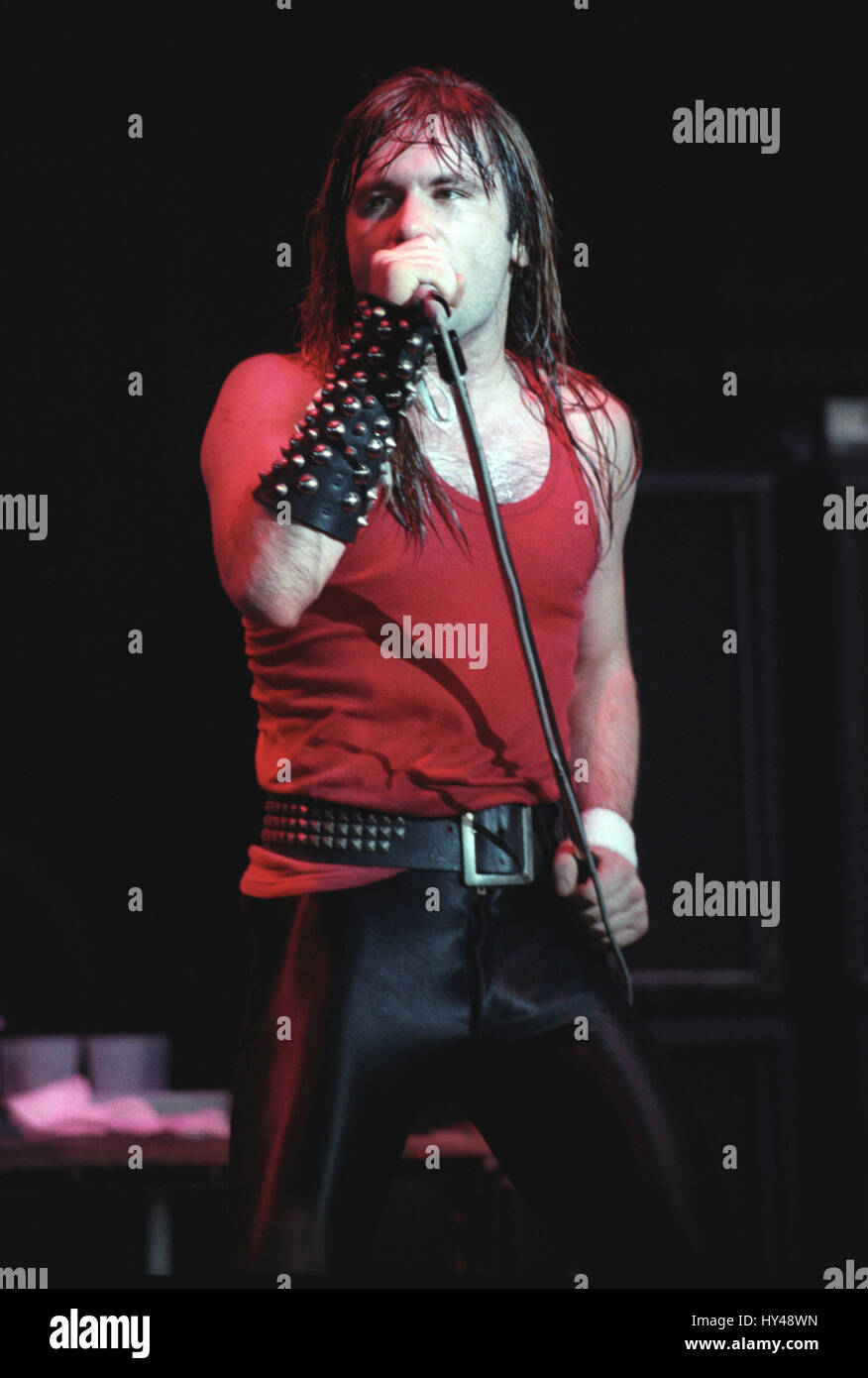 Iron Maiden on stage during the Beast On The Road Tour in Los Angeles, CA in 1982. Credit Kevin