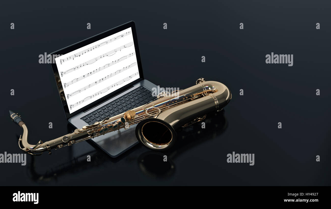 Pc Saxophone Studio computer with saxophone Stock Photo - Alamy