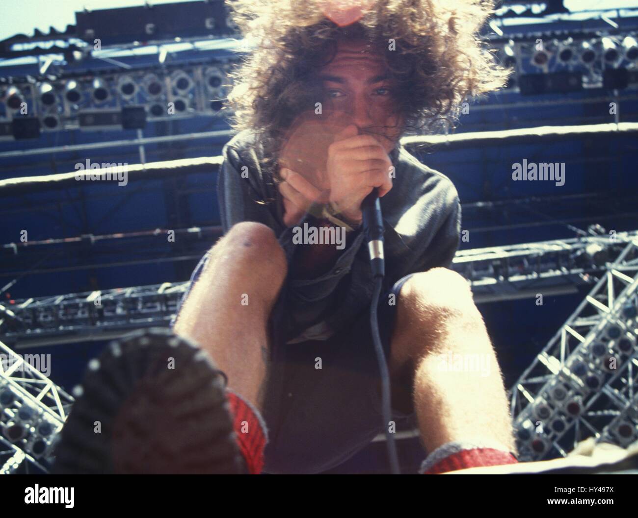 Pearl Jam photographed live on The Lollapalooza '92 Tour at Irvine Meadows Amp. in Irvine, CA on