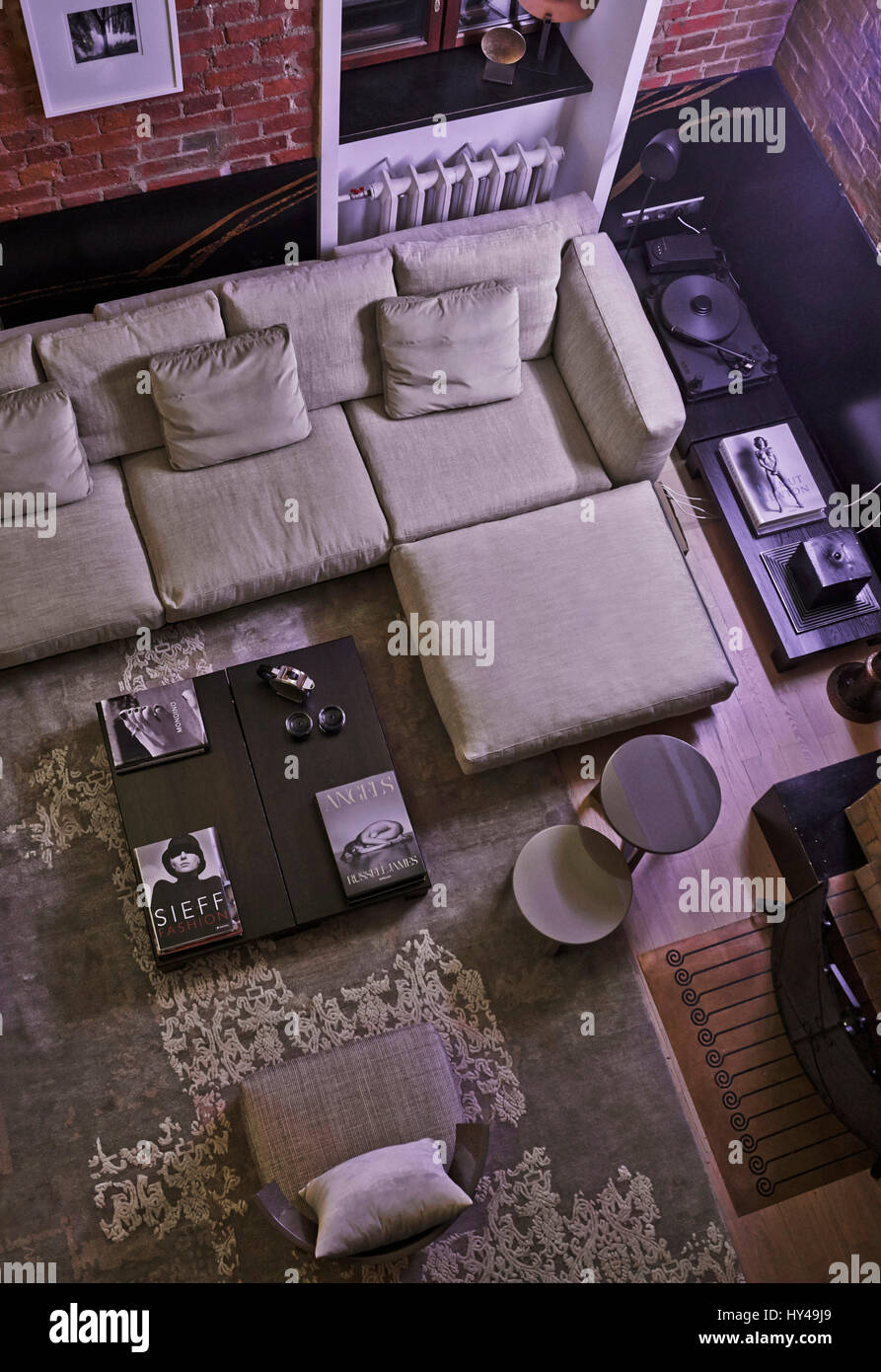 Interior design in a luxury loft apartment in Moscow. Living room ...