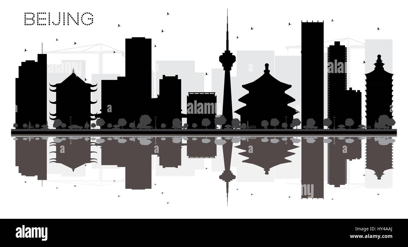 Beijing City skyline black and white silhouette with reflections. Vector illustration. Simple flat concept for tourism presentation, banner, placard o Stock Vector
