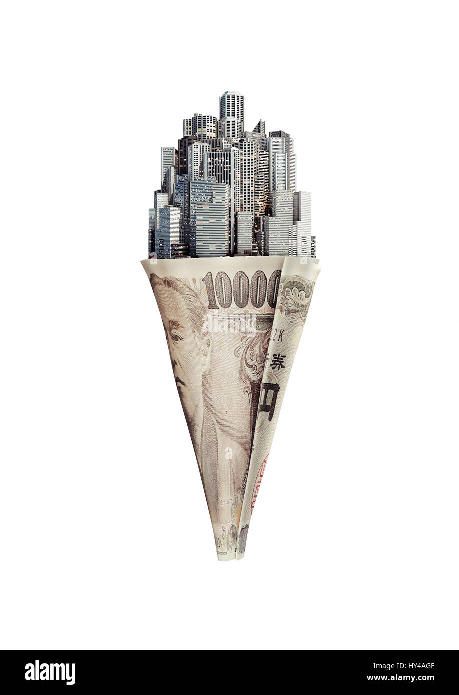Money cone yen / 3D illustration of city ice cream cone with ten thousand yen note Stock Photo