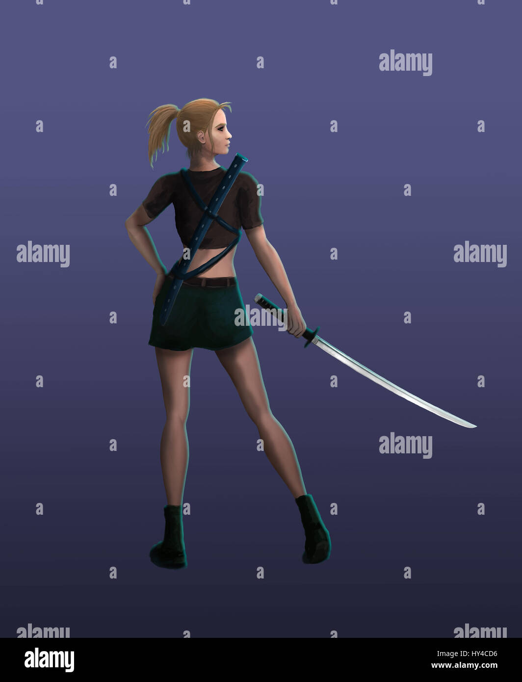 The Samurai girl stands in a menacing stance Stock Photo