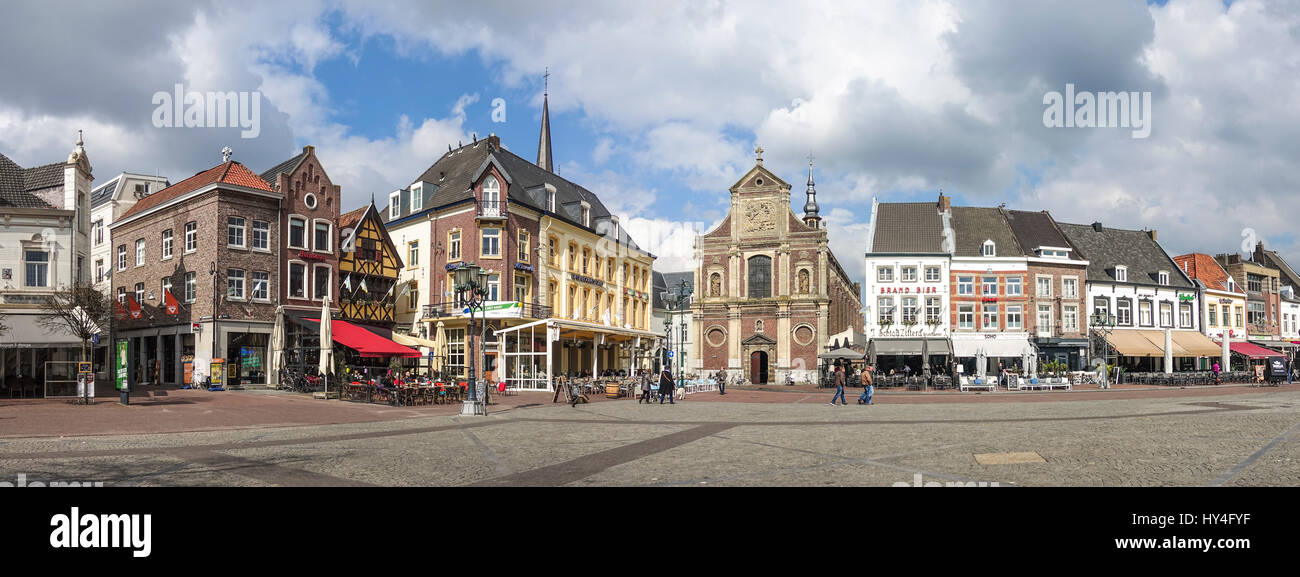 Sittard markt,Netherlands, centre of town square with saint michaels church, Limburg province, Netherlands. Stock Photo