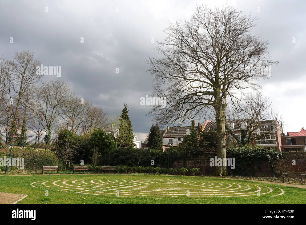 Secret garden with labyrinth in city centre of Sittard, Limburg, Netherlands Stock Photo