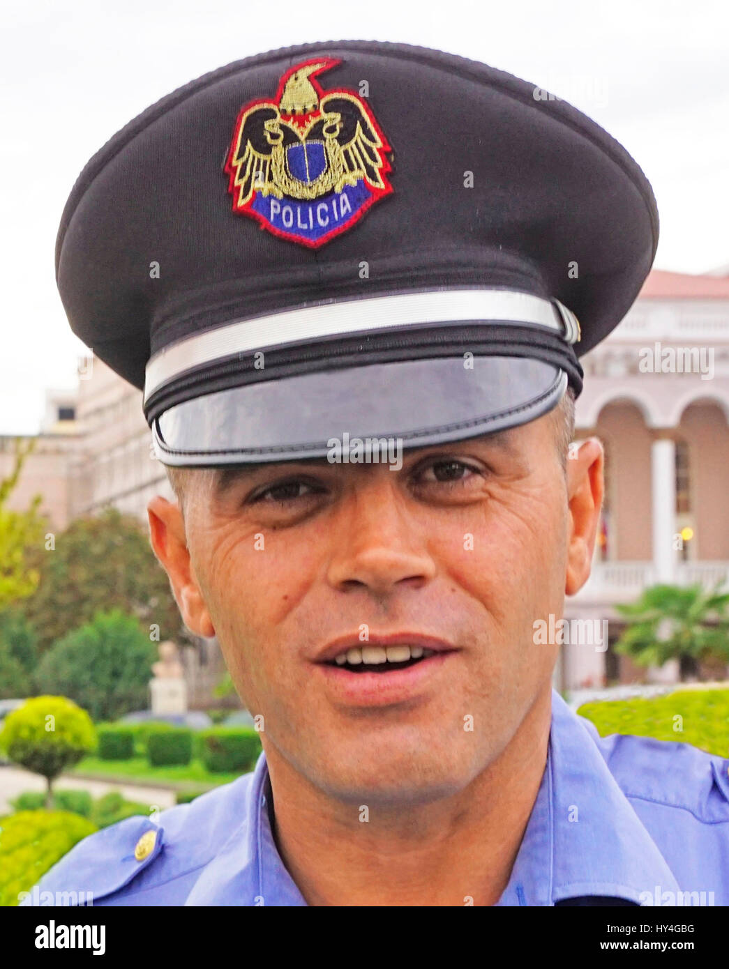 Policeman in downtown Shkodra, Albania. Stock Photo