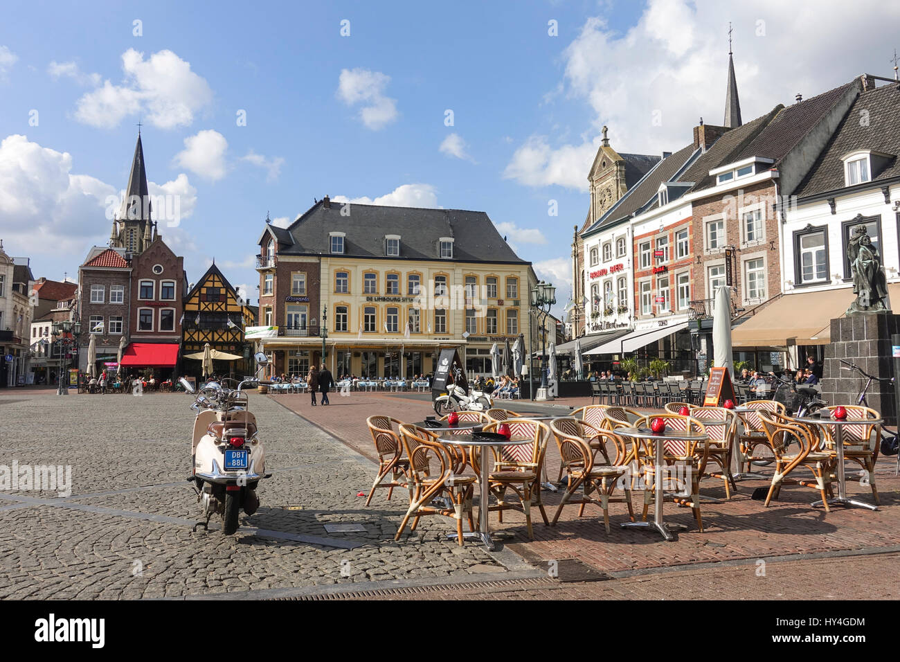 Sittard markt, terraces, bar, bars, quare, historic centre of town Limburg province, Holland, Netherlands. Stock Photo