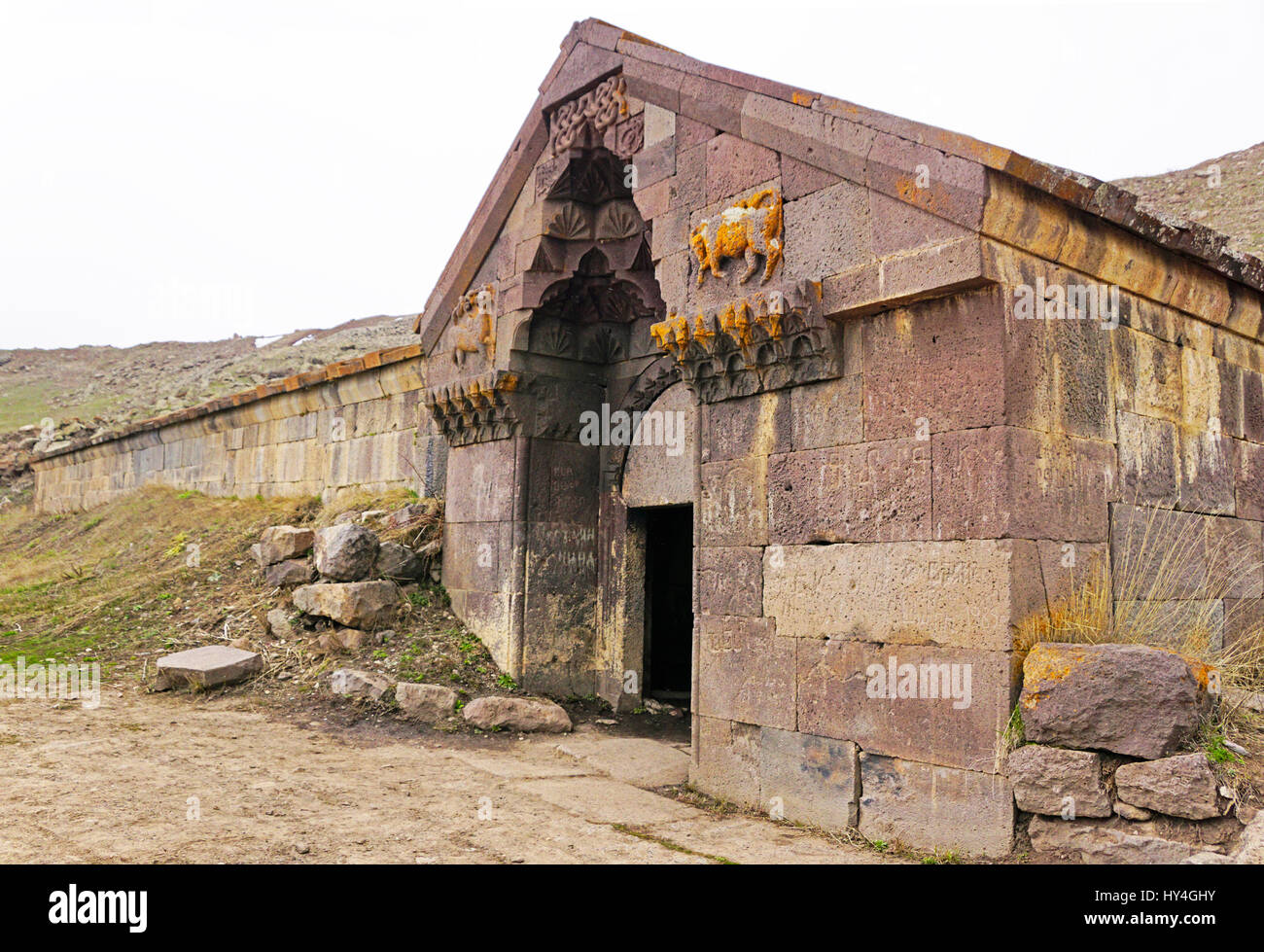 Selim Caravanserai in Lesser Caucasus Mountains of Armenia lodged 14th century Silk Road merchants. Stock Photo