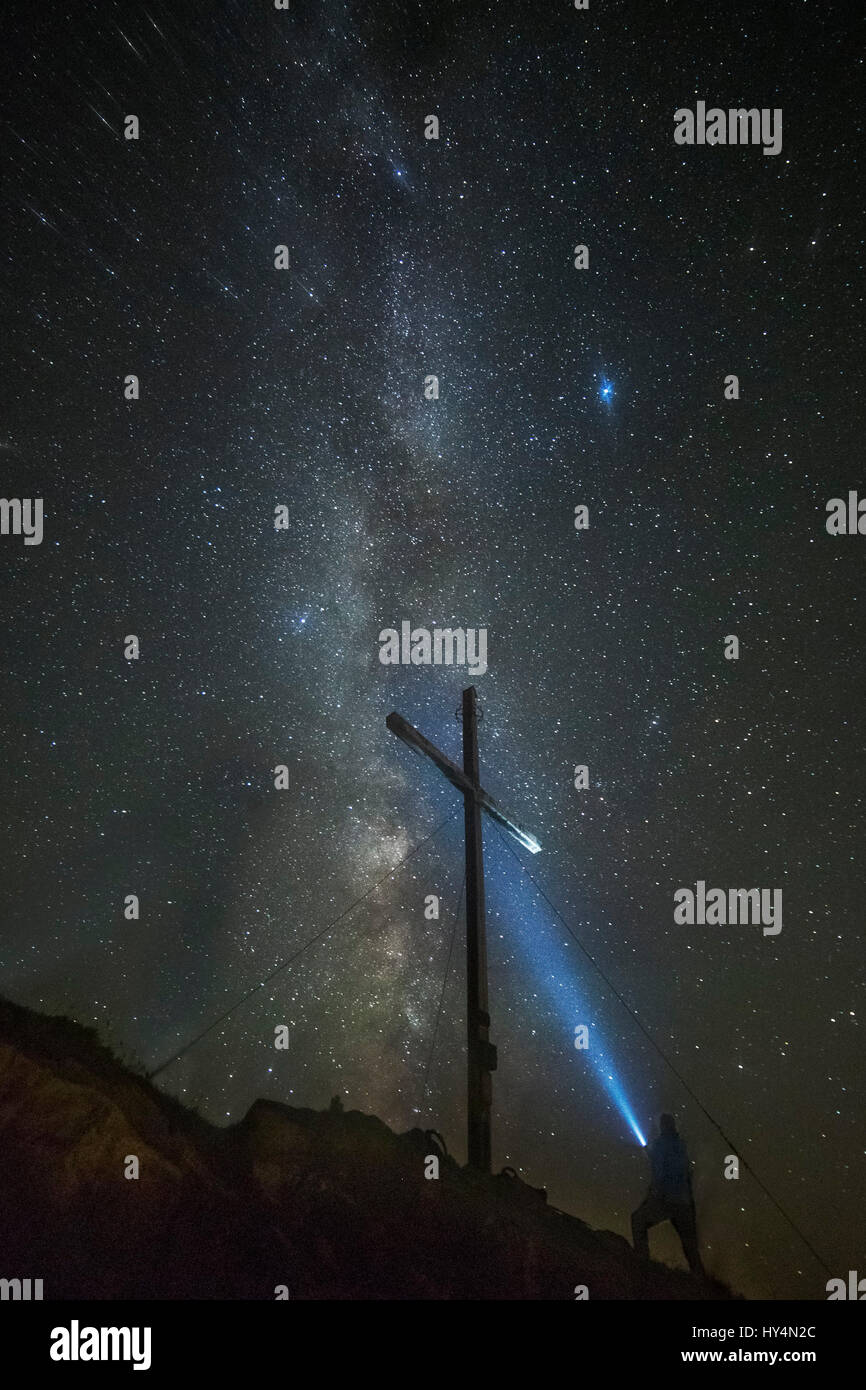 Light Painting with the Milky Way and the summit cross in the background Stock Photo