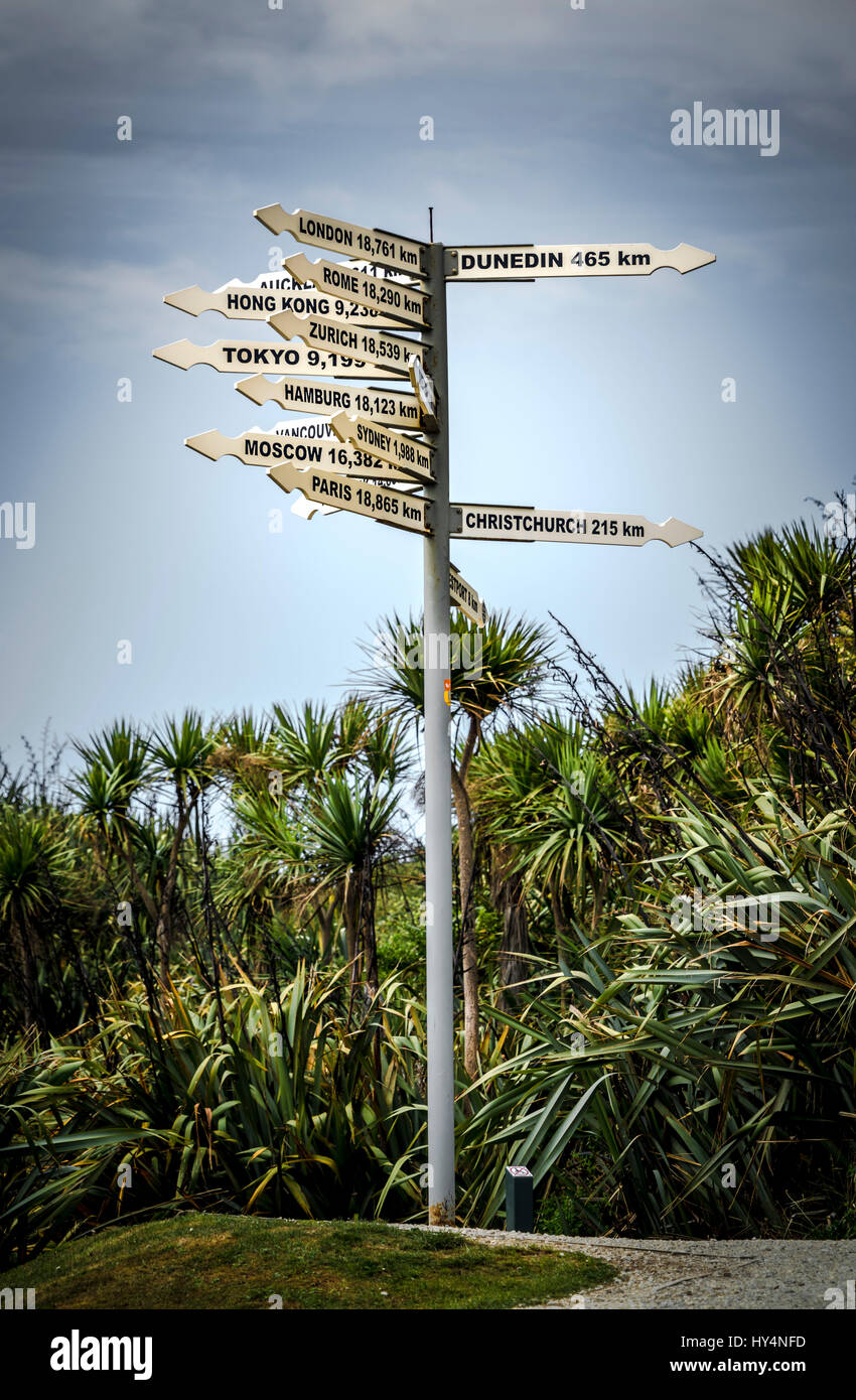 New Zealand, Commonwealth, South Island, signage tree, signpost Stock Photo