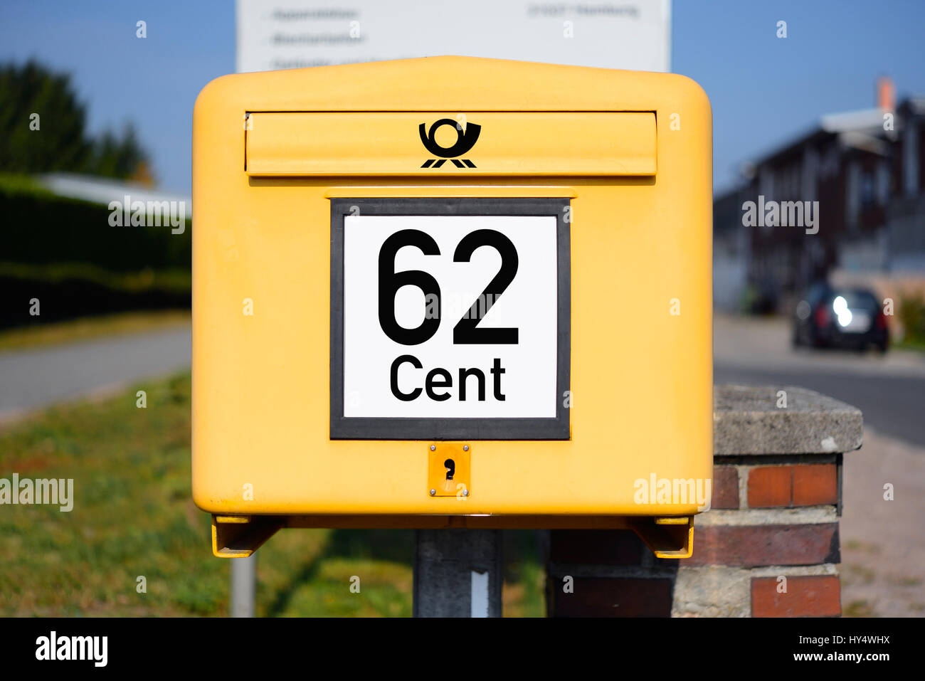 Mailbox with 62-cent label, symbolic photo Portoerhoehung, Briefkasten mit 62 Cent-Aufschrift, Symbolfoto Portoerhoehung Stock Photo