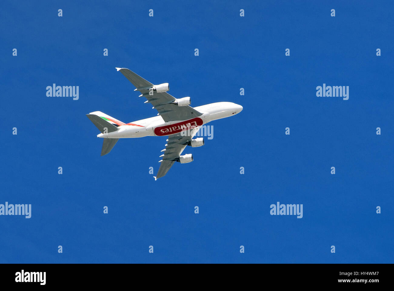 Airbus A 380 of the emirate Airlines over Hamburg, Airbus A 380 der Emirates Airlines ueber Hamburg Stock Photo