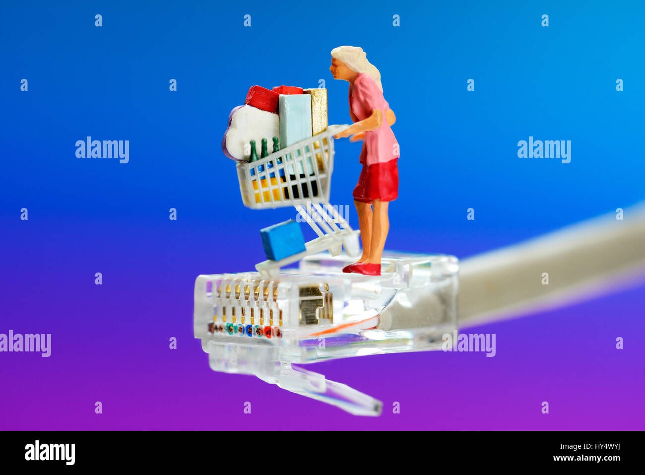 Miniature figure of a woman by shopping cart on Internet cable, symbolic photo on-line shopping, Miniaturfigur einer Frau mit Einkaufswagen auf Intern Stock Photo