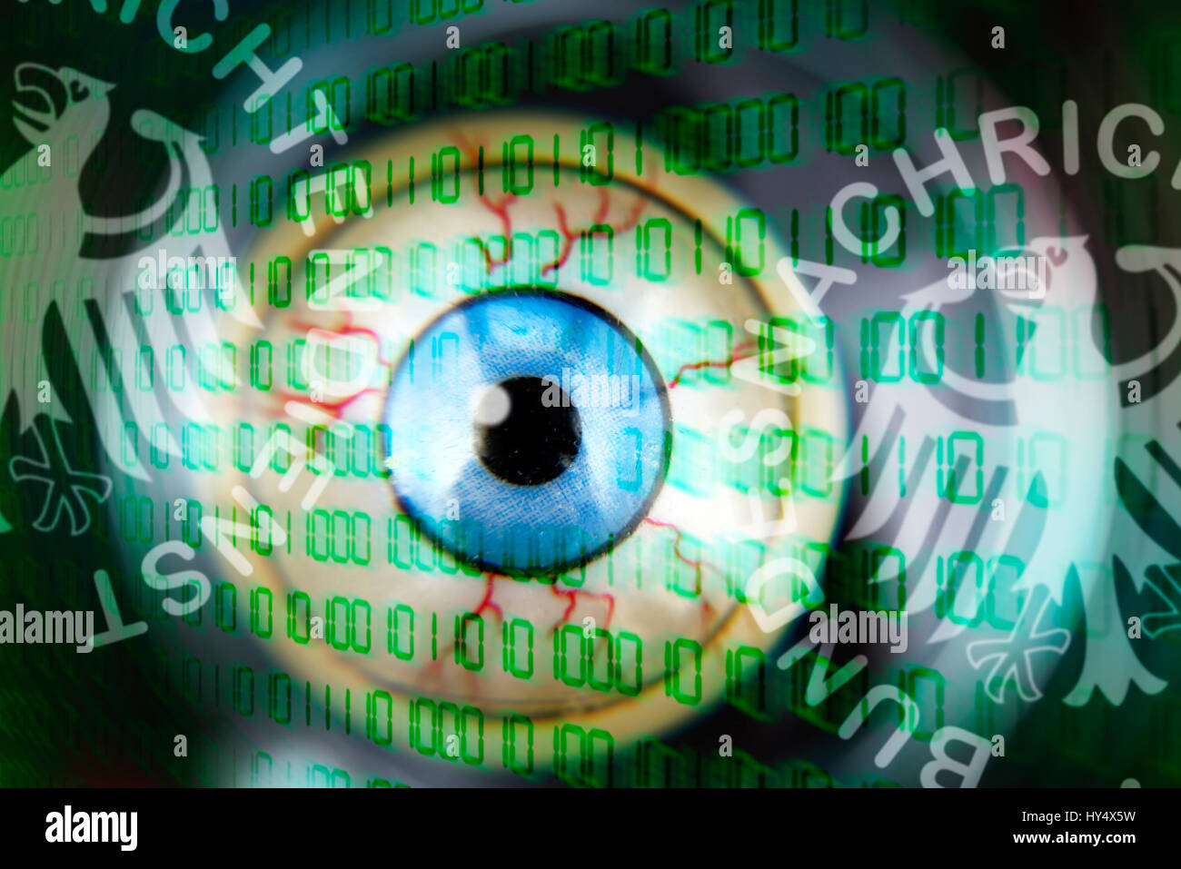 Eye under the magnifying glass and Federal Intelligence Service sign, symbolic photo Federal Intelligence Service scandal, Auge unter der Lupe und BND Stock Photo