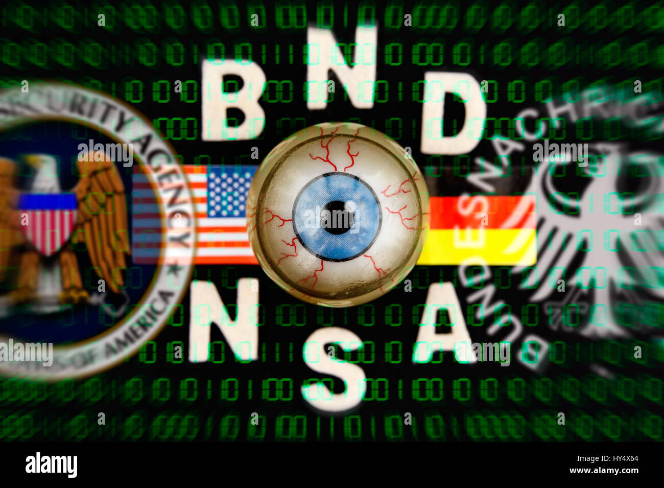 Eye and sign of Federal Intelligence Service and NSA, symbolic photo Federal Intelligence Service scandal, Auge und Zeichen von BND und NSA, Symbolfot Stock Photo