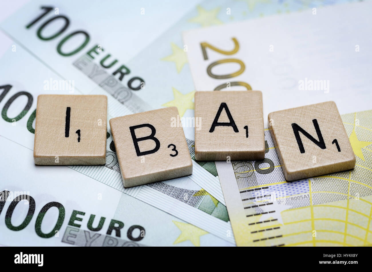 The word IBAN in letters on bank notes, Das Wort IBAN in Buchstaben auf Geldscheinen Stock Photo