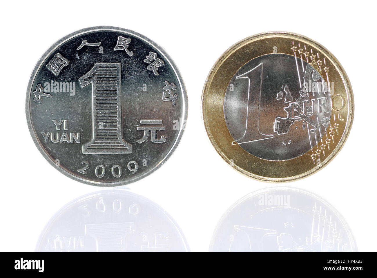 One-yuan coin, Chinese currency, and euro-coin one, economic development in China and Europe, Ein-Yuan-Muenze , chinesische Waehrung,  und Ein-Euro-Mu Stock Photo