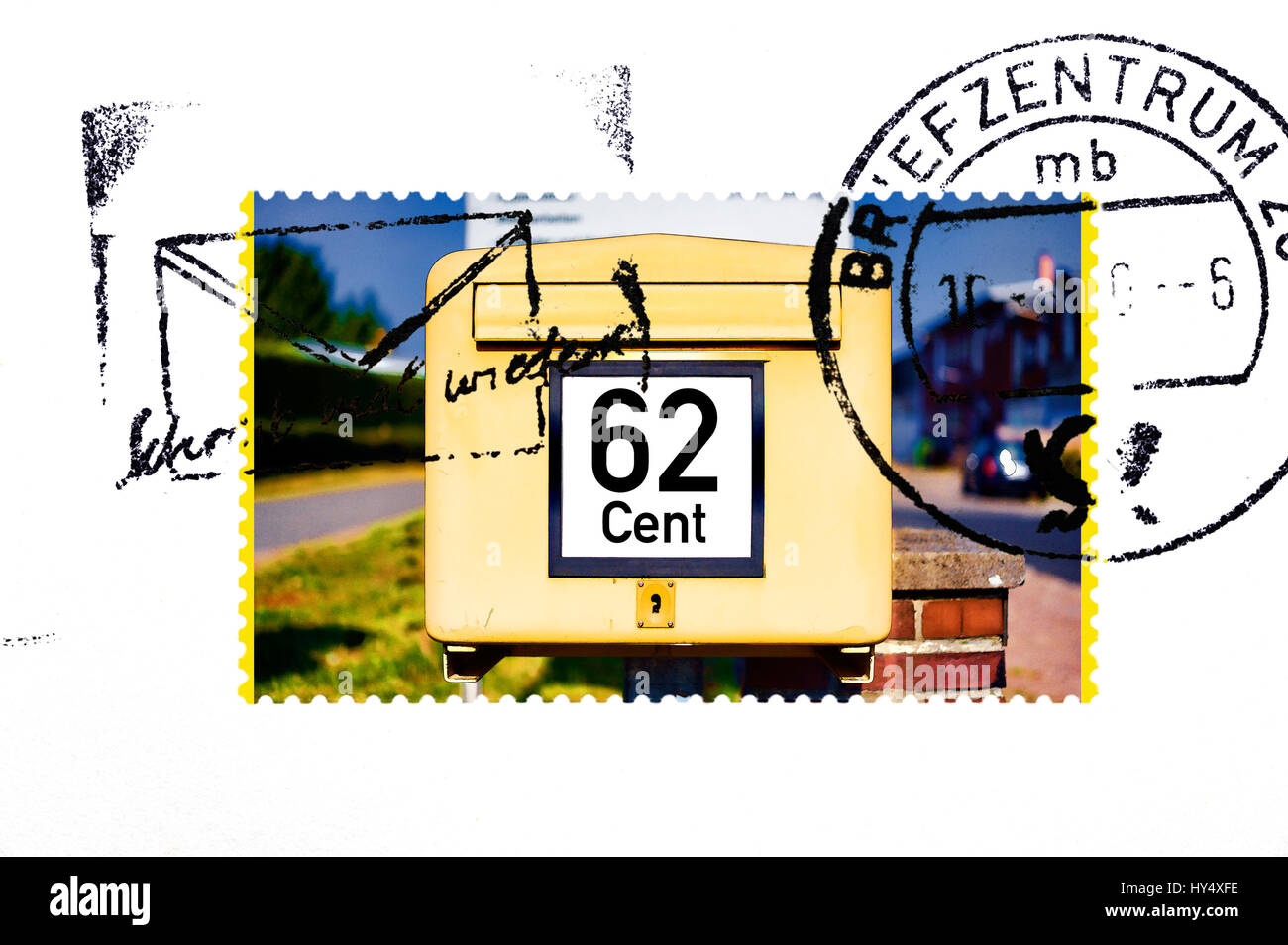 Stamp with mailbox and 62-cent label, symbolic photo Portoerhoehung, Briefmarke mit Briefkasten und 62 Cent-Aufschrift, Symbolfoto Portoerhoehung Stock Photo