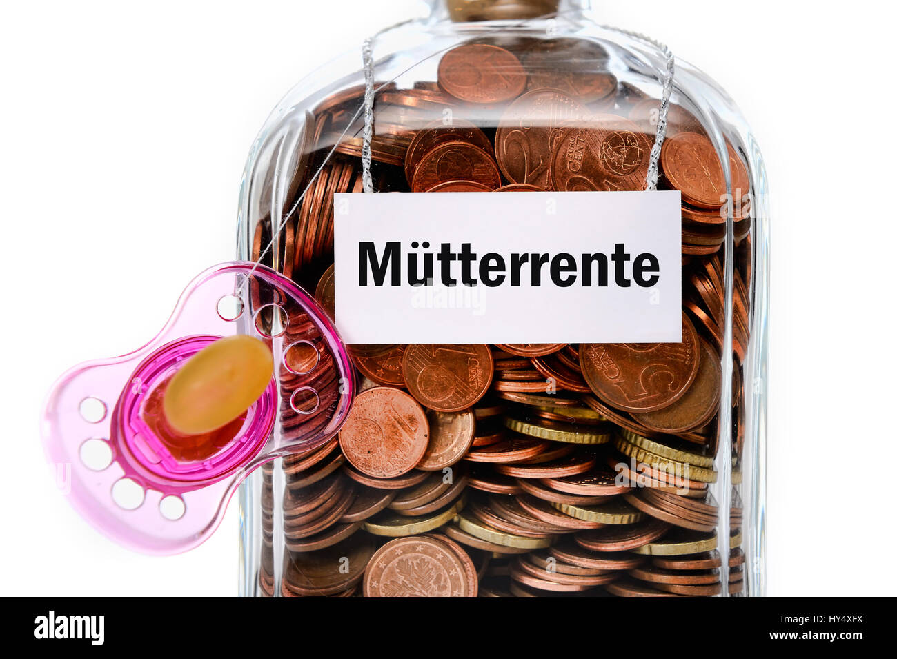 Bottle with monetary coins and dummy, symbolic photo mother's pension, Flasche mit Geldmuenzen und Schnuller, Symbolfoto Muetterrente Stock Photo