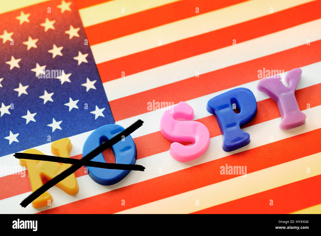 No Spy stroke on USA flag, No Spy agreements, No Spy Schriftzug auf USA-Fahne, No Spy Abkommen Stock Photo