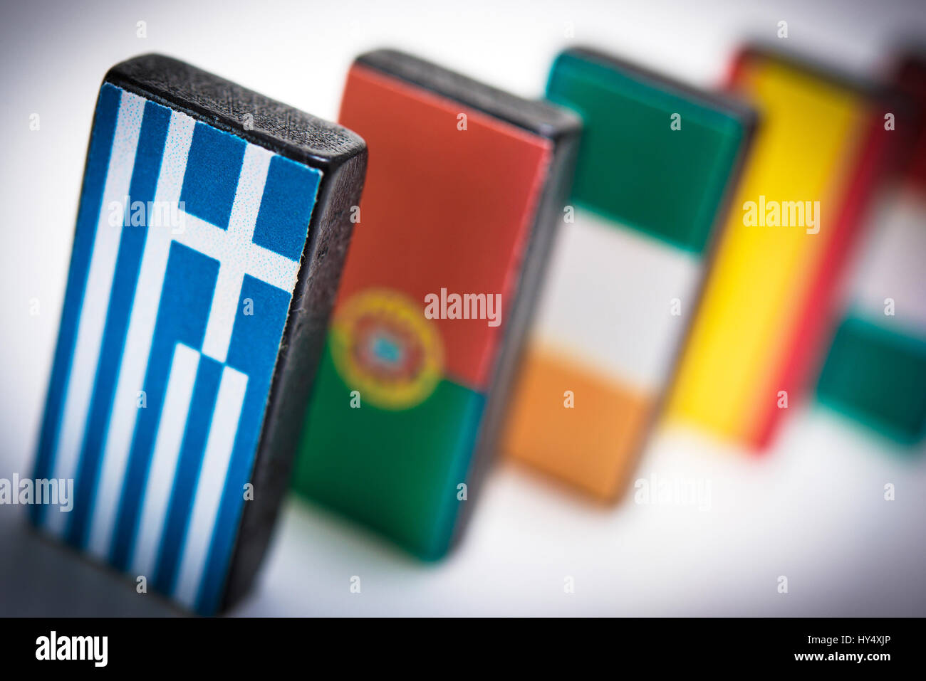 Dominos with European flags, symbolic photo domino effect to Grexit, Dominosteine mit europaeischen Fahnen, Symbolfoto Dominoeffekt nach Grexit Stock Photo