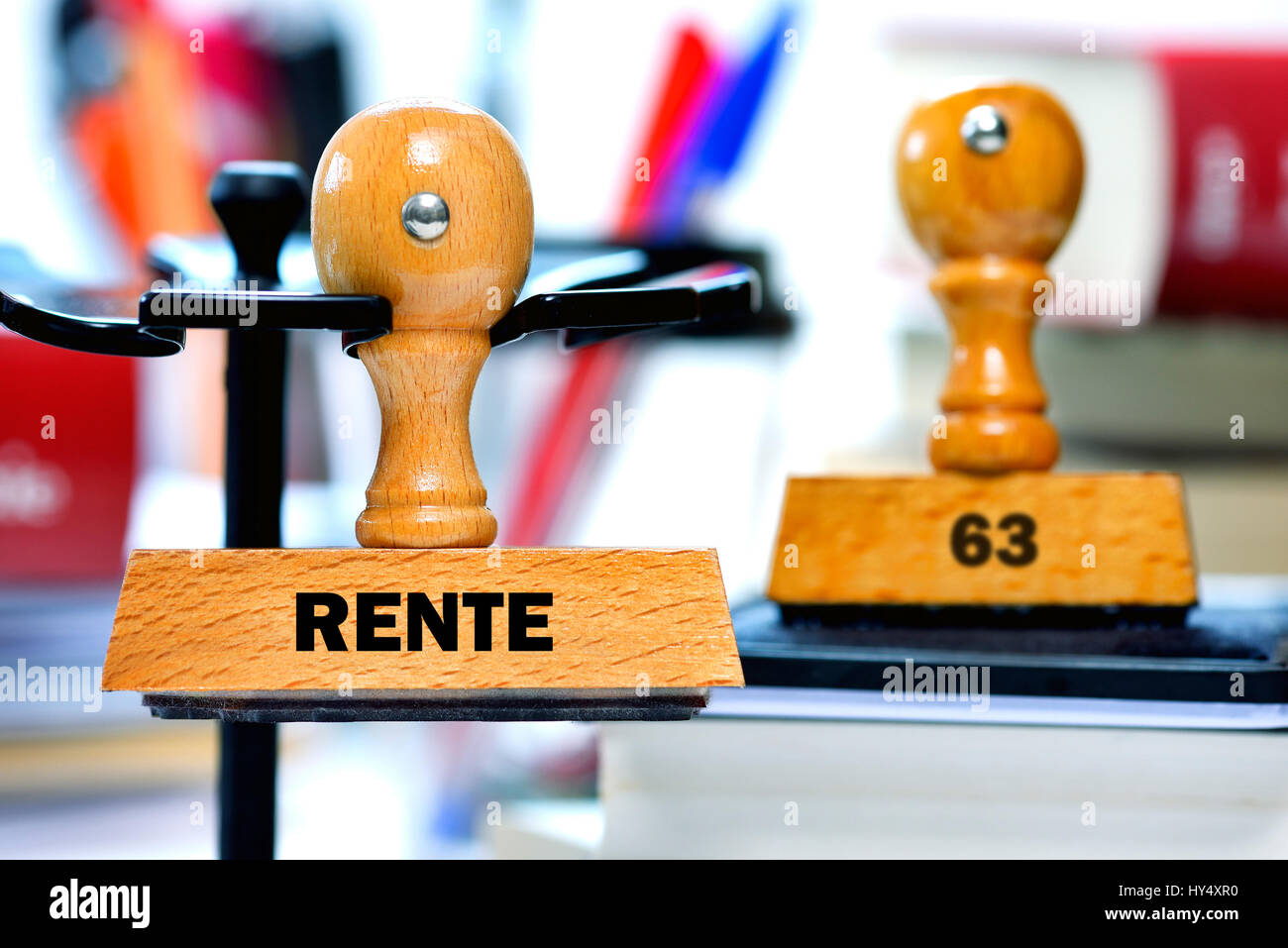 Stamp with the label Pension and 63, Stempel mit der Aufschrift Rente und 63 Stock Photo