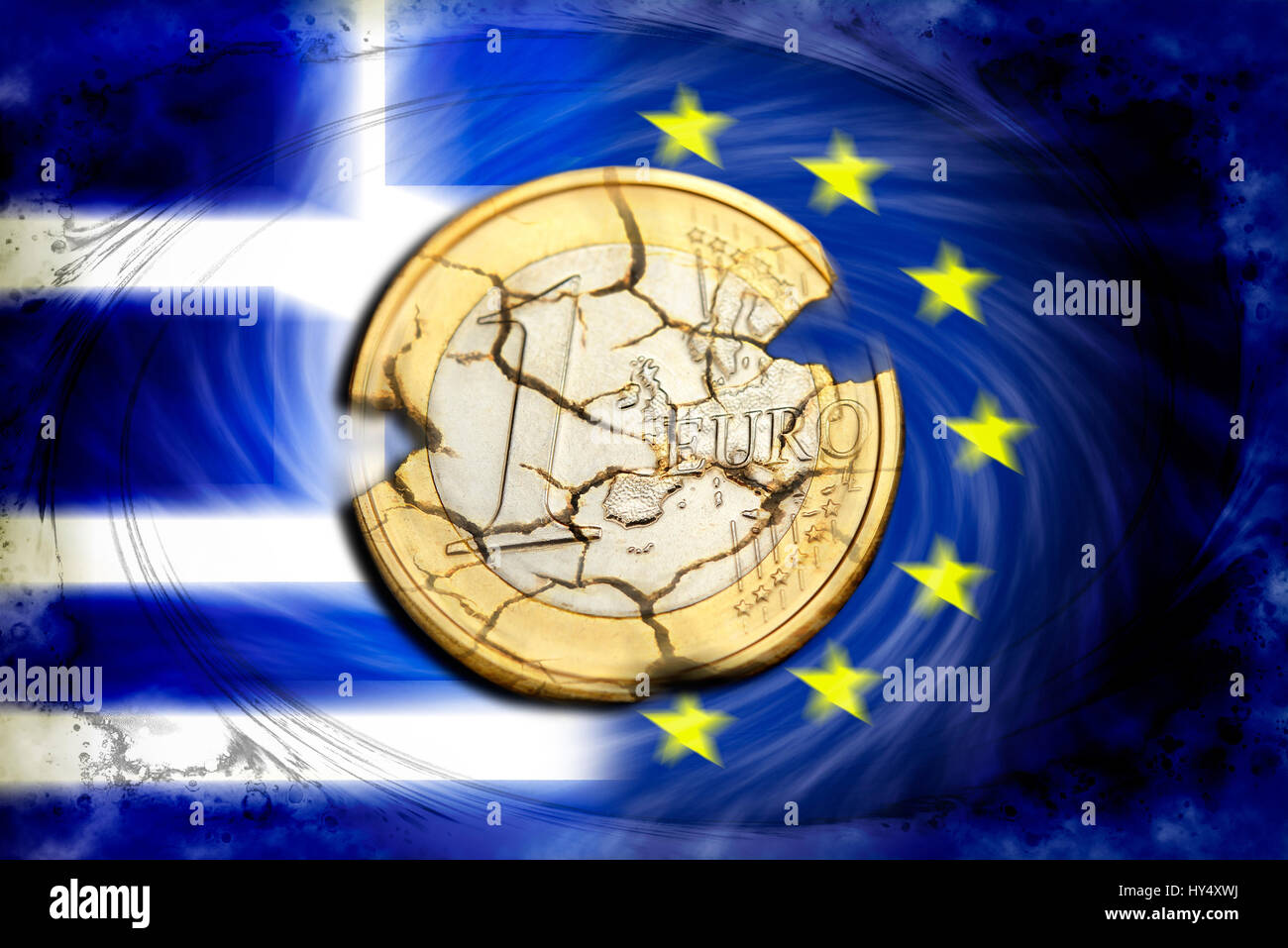 Euro-coin one with tears before Greece and EU flag, symbolic photo Grexit, Ein-Euro-Muenze mit Rissen vor Griechenland- und EU-Fahne, Symbolfoto Grexi Stock Photo