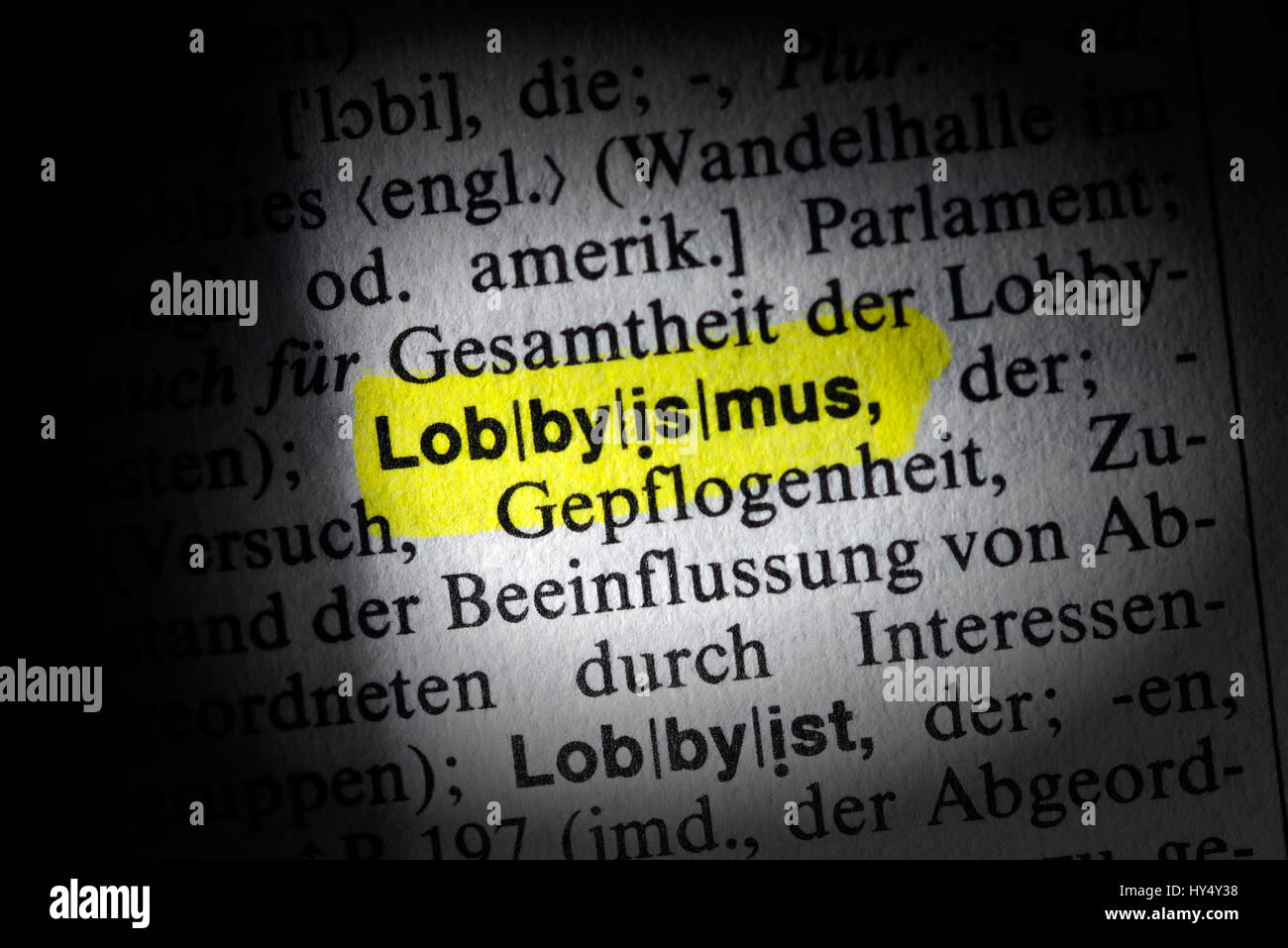 The word Lobbyism in a dictionary, Das Wort Lobbyismus in einem Woerterbuch Stock Photo