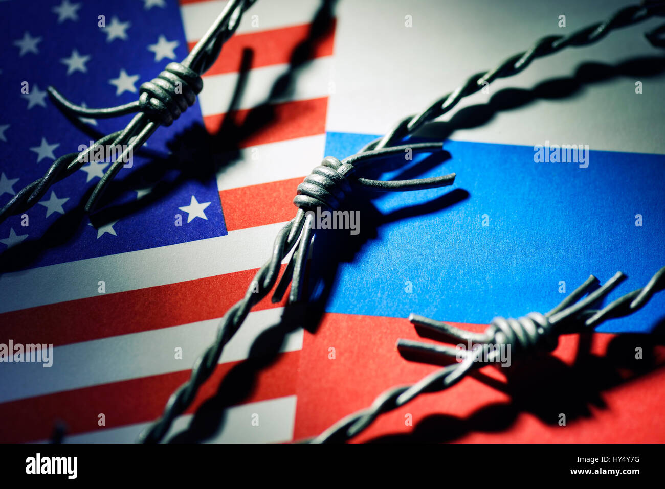 Flags of the USA and Russia with barbed wire, cold war, Fahnen von USA und Russland mit Stacheldraht, Kalter Krieg Stock Photo