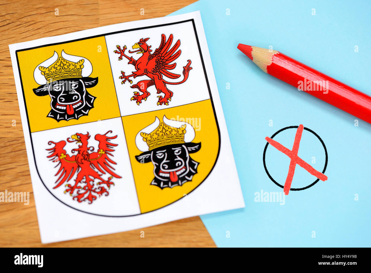 Land coats of arms of Mecklenburg-West Pomerania and electoral cross, election to Landtag, Landeswappen von Mecklenburg-Vorpommern und Wahlkreuz, Land Stock Photo