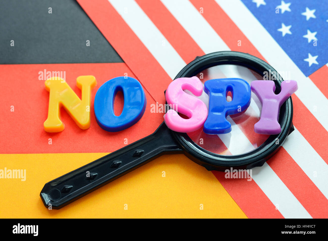 No Spy stroke on USA and Germany flag, No Spy agreements, No Spy Schriftzug auf USA- und Deutschland-Fahne, No Spy Abkommen Stock Photo