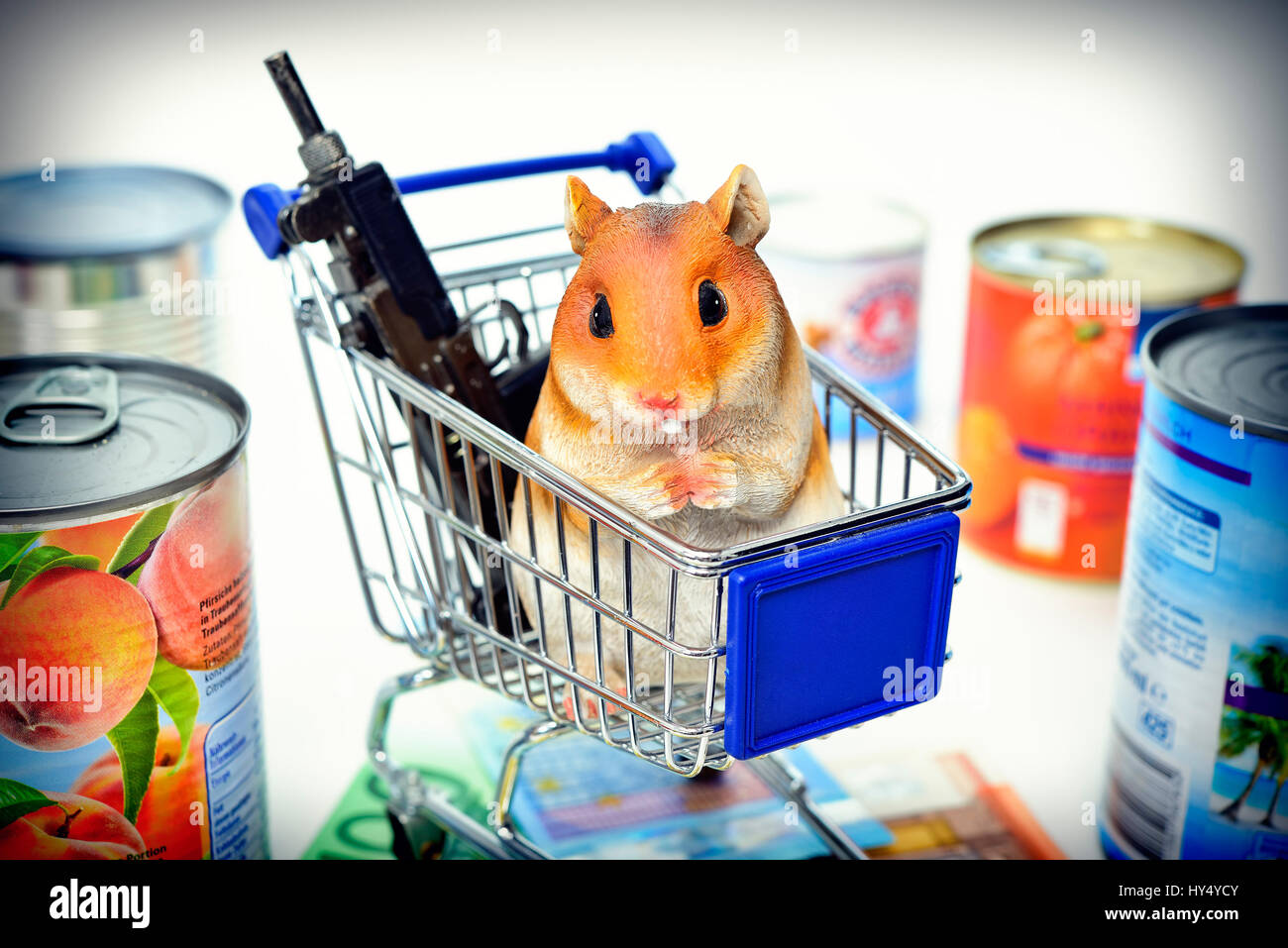 Hamster's figure in the shopping cart, symbolic photo hamster's purchases, Hamsterfigur im Einkaufswagen, Symbolfoto Hamsterkaeufe Stock Photo