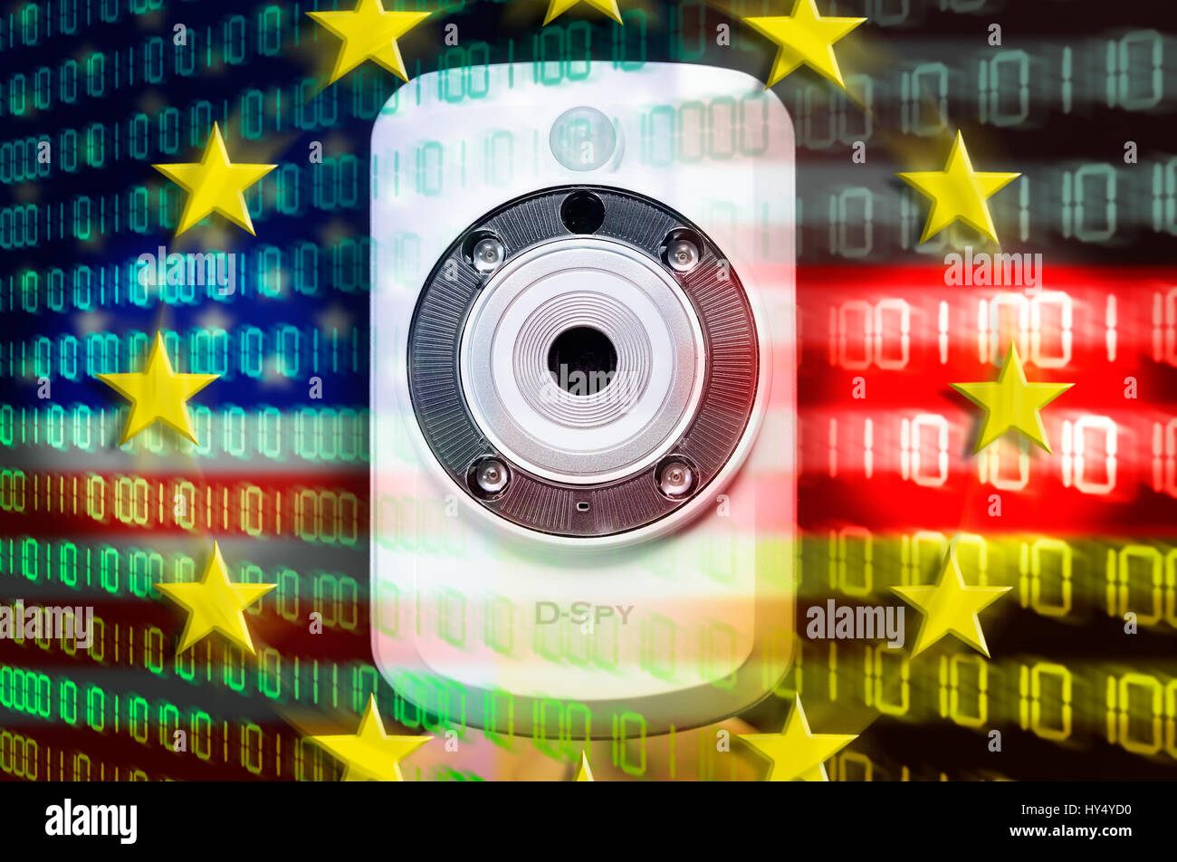 Webcam and sign of Federal Intelligence Service and NSA with EU stars, symbolic photo Federal Intelligence Service scandal, Ausspaehung of EU states,  Stock Photo