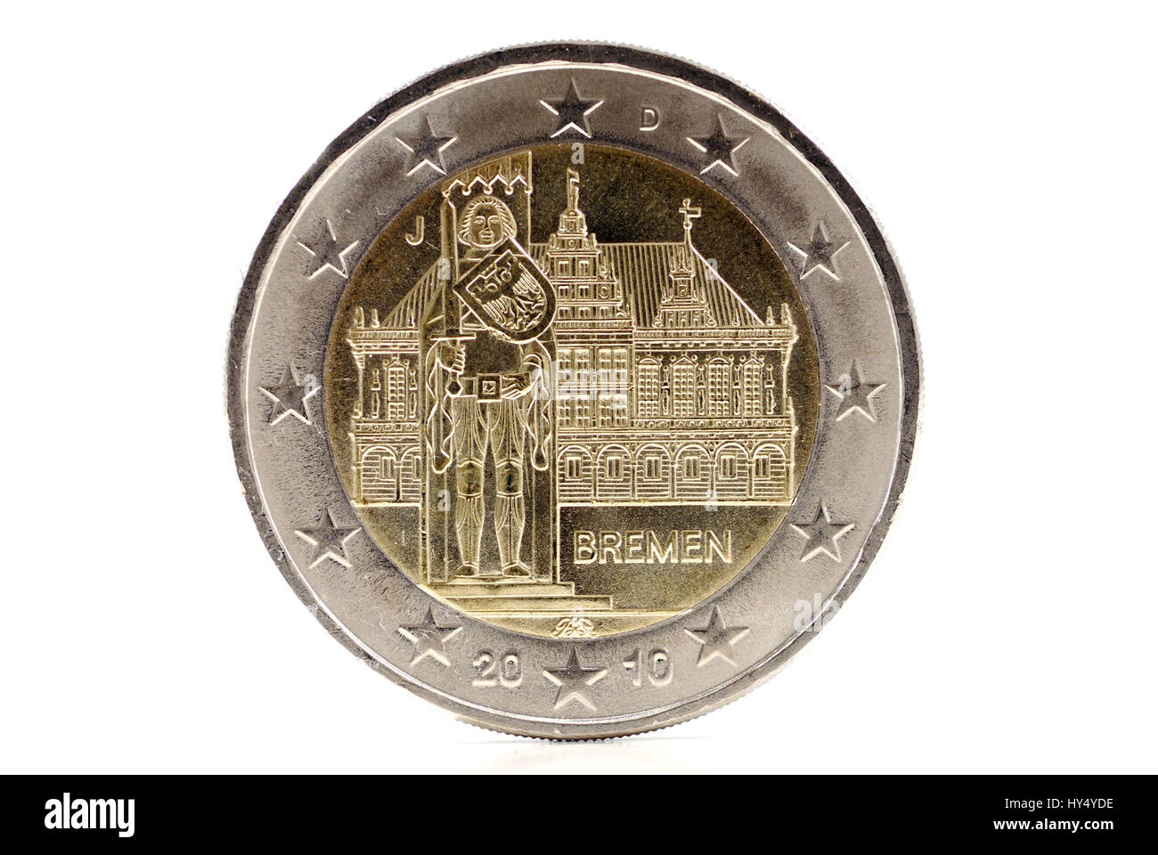 City of Bremen at the back of an euro-coin two, Stadt Bremen auf der Rueckseite einer Zwei-Euro-Muenze Stock Photo