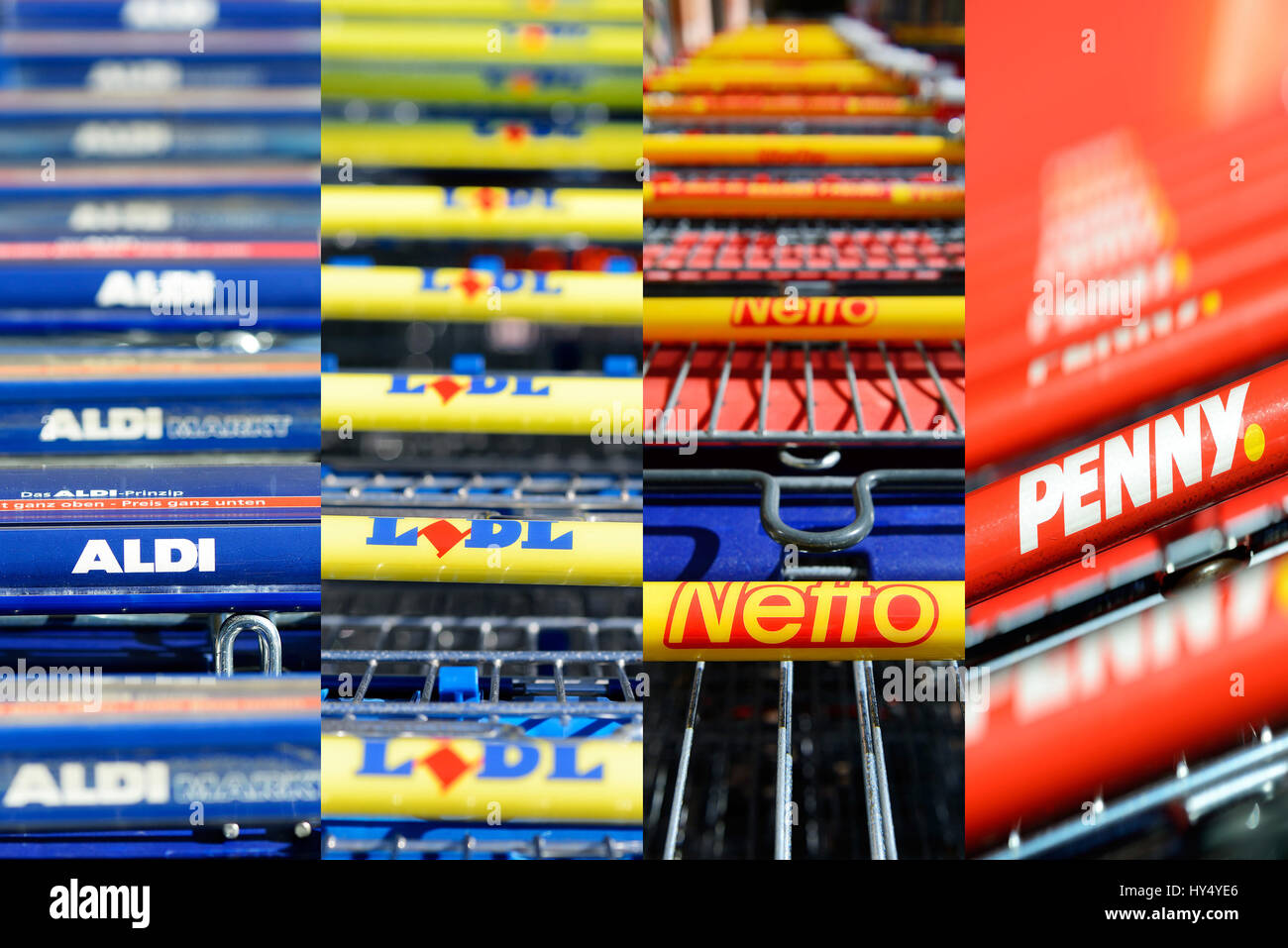 Shopping carts of four biggest German food discount shops Aldi, Lidl