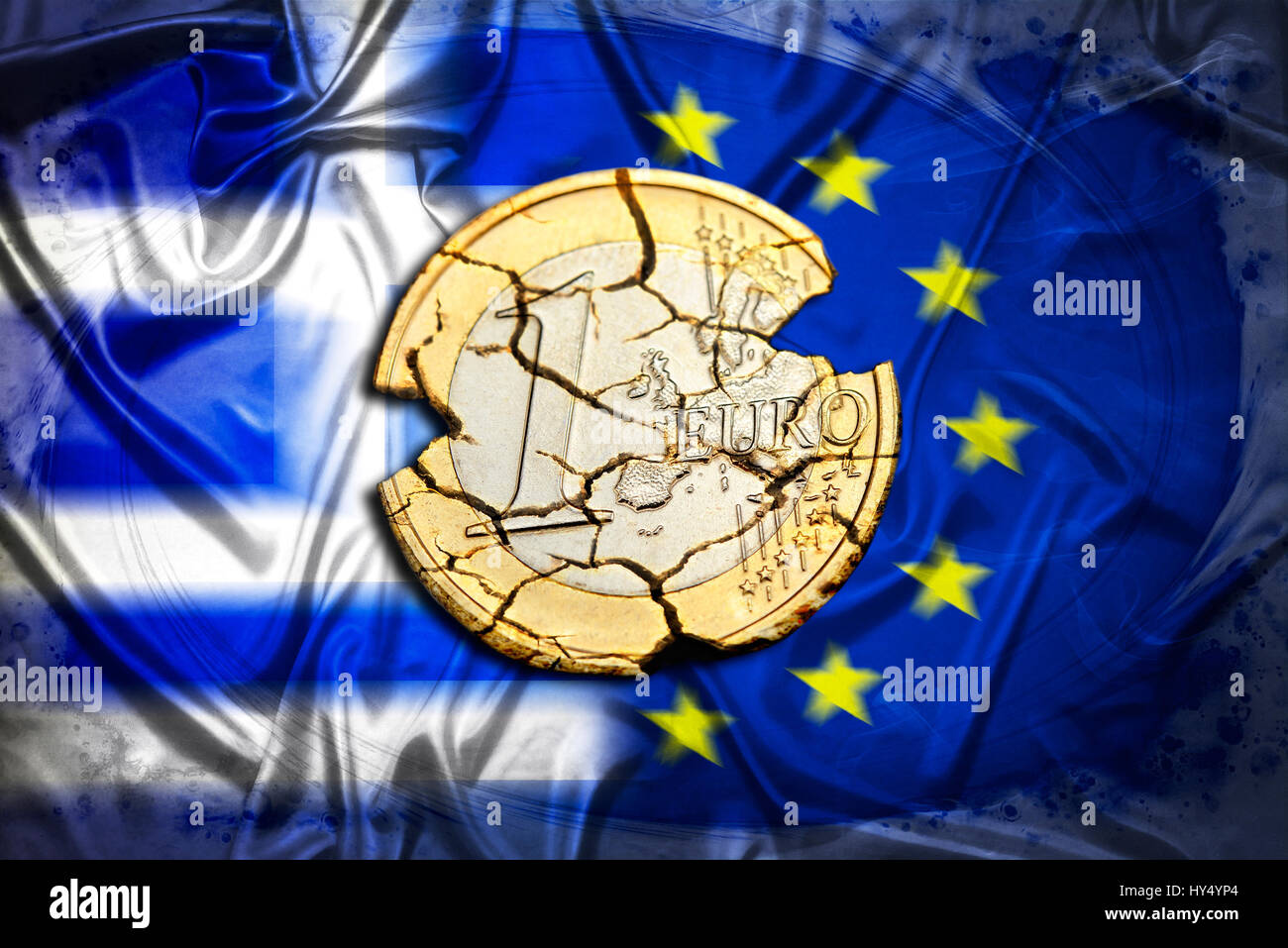 Ruined eurocoin before Greece and EU flag, symbolic photo Grexit, Zerfallene Euromuenze vor Griechenland- und EU-Fahne, Symbolfoto Grexit Stock Photo