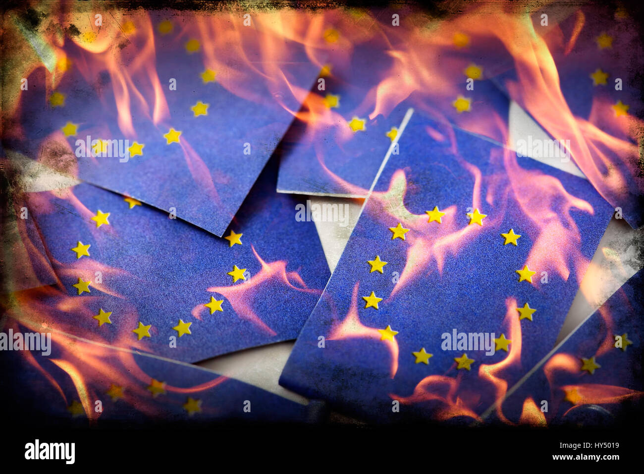 EU flags in flames, decay of Europe, EU-Fahnen in Flammen, Zerfall von Europa Stock Photo