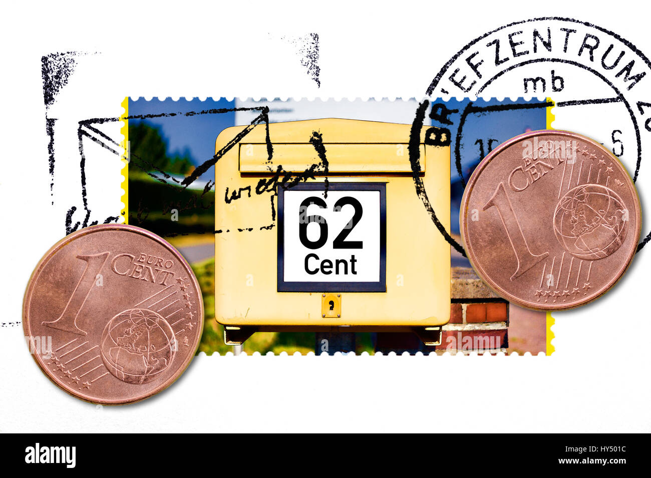 Stamp with mailbox, cent coins and 62-cent label, symbolic photo Portoerhoehung, Briefmarke mit Briefkasten, Centmuenzen und 62 Cent-Aufschrift, Symbo Stock Photo