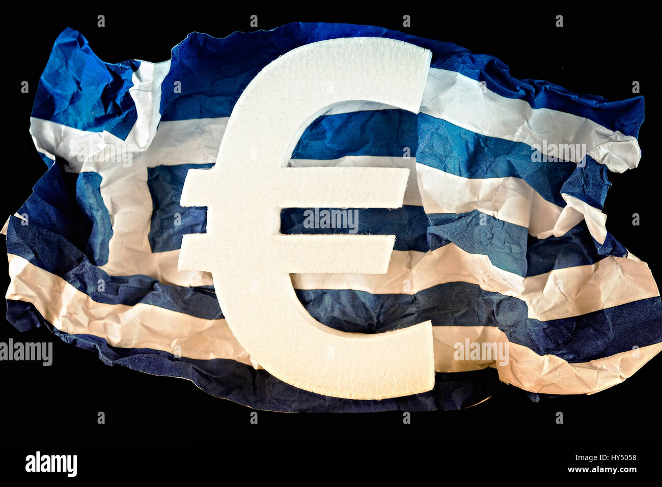 Greek flag with eurosign, symbolic photo debt quarrel, Griechische Fahne mit Eurozeichen, Symbolfoto Schuldenstreit Stock Photo