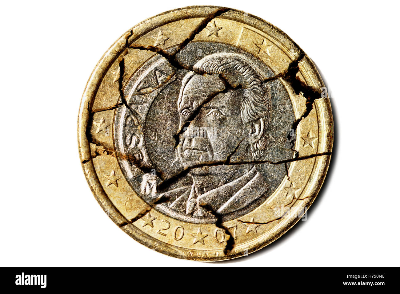 Spanish euro-coin one with tears, debt crisis in Spain, Spanische Ein-Euro-Muenze mit Rissen, Schuldenkrise in Spanien Stock Photo