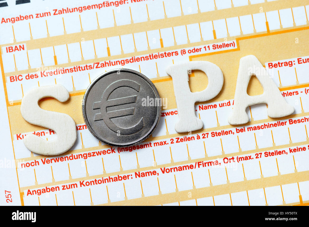 Sepa stroke on more transfer-sluggish, Sepa-Schriftzug auf ?berweisungstraeger Stock Photo